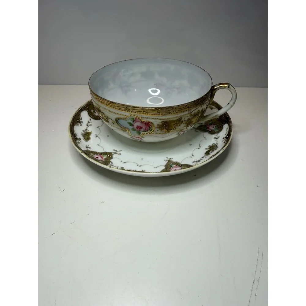 Vintage Chikusa Nippon Hand Painted Tea Cup & Saucer – Pink Roses & Gold Moriage